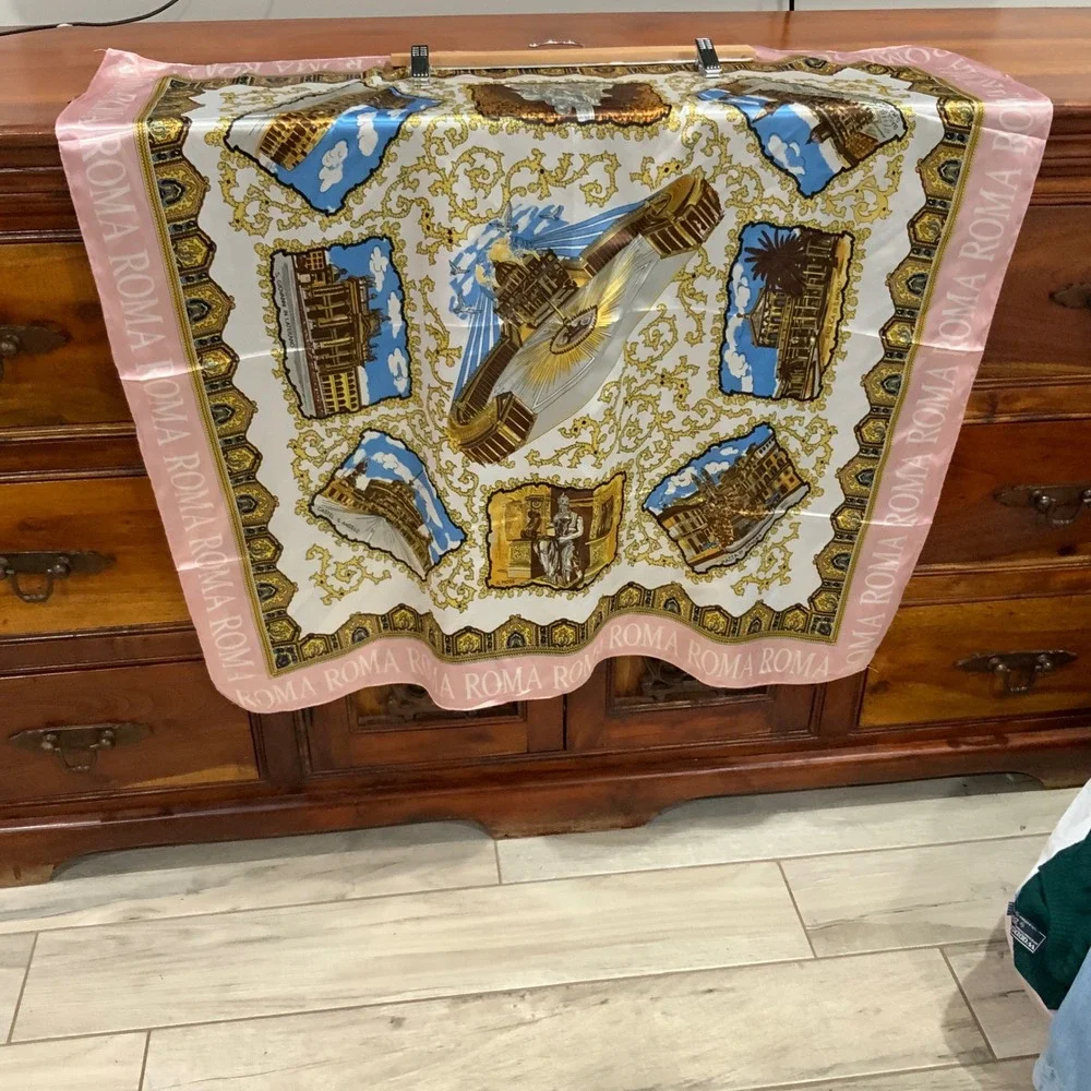 Vintage Rome Italy Souvenir Silk Blend Square Scarf Pink Gold Il Colosseo 20x20